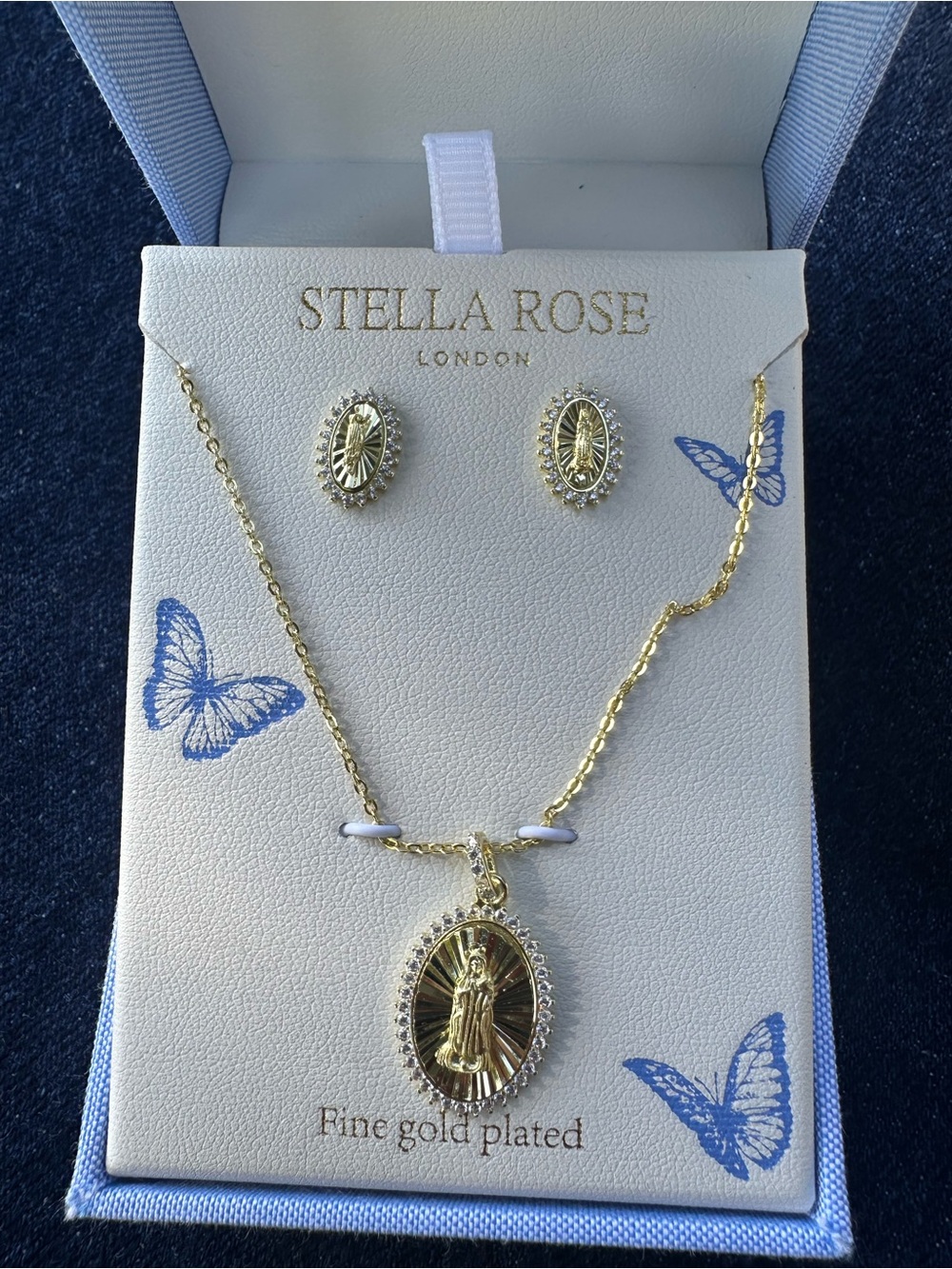 Gold-Plated Virgin Mary Pendant Necklace and Stud Earrings - Gold